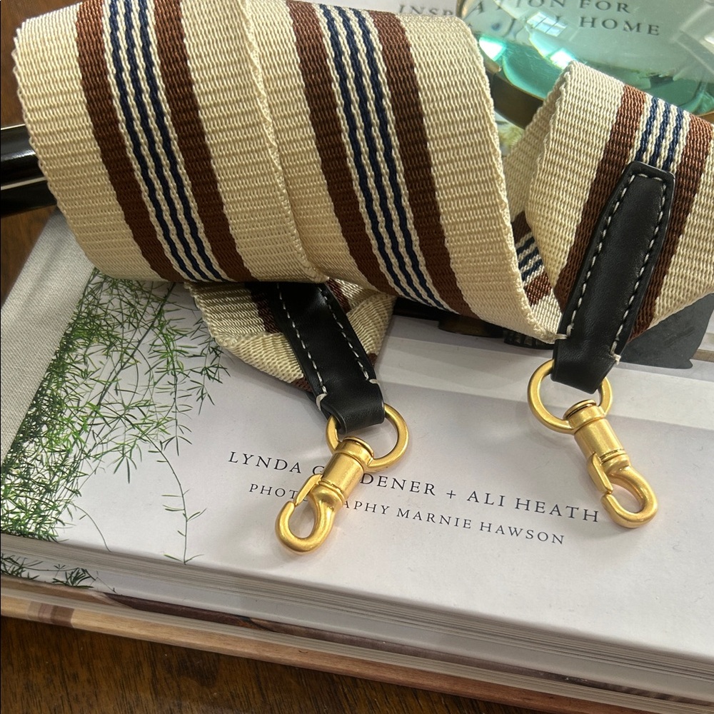 Tory Burch Beige, Brown & Navy Striped Detachable Canvas Strap